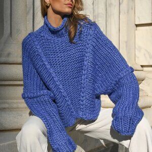 Yellow the Label Soho Chunky Blue Women's Wool Blend Sweater, Size S/M